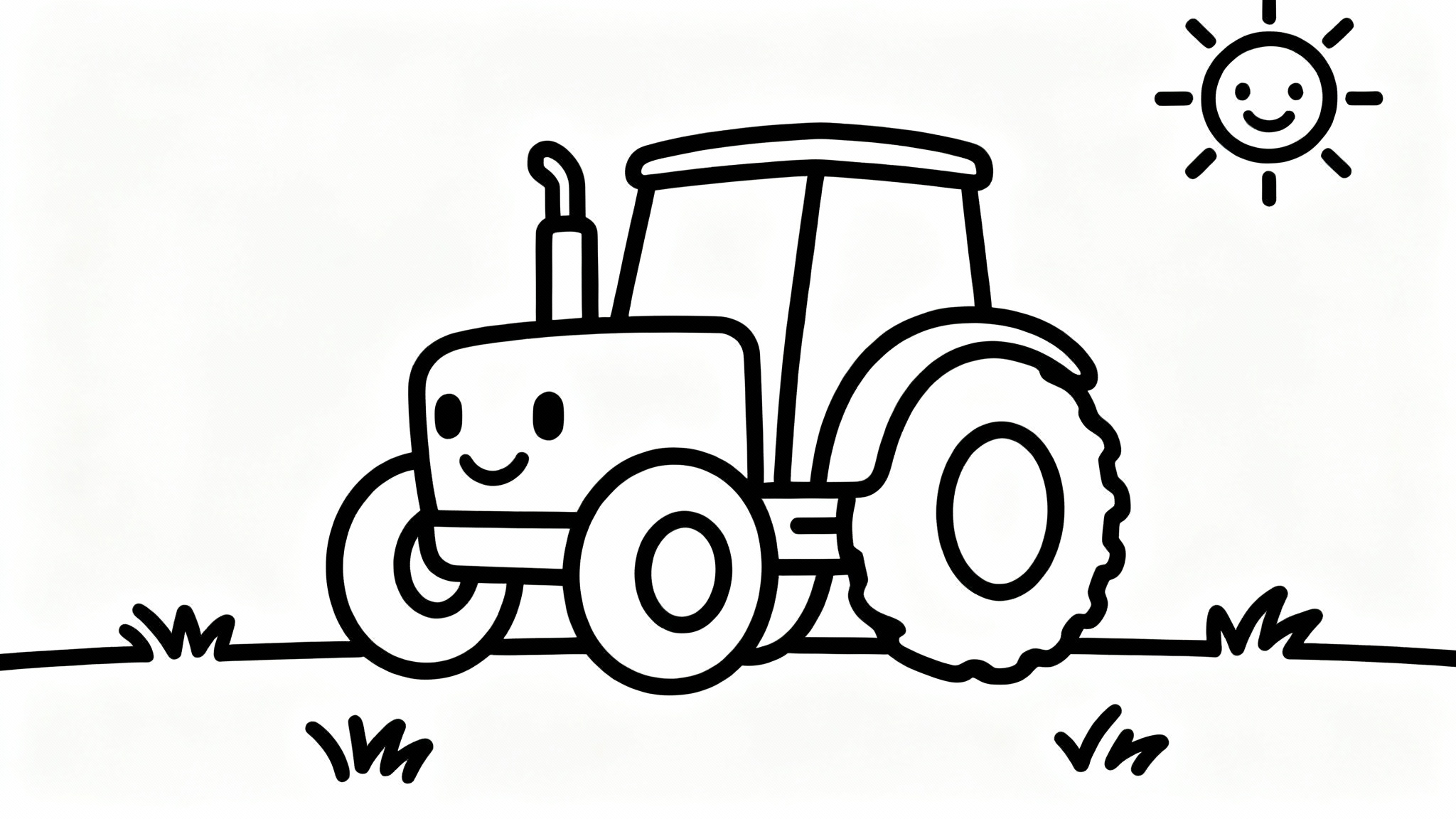 A black and white line art coloring page featuring a simple and friendly tractor on a white background, designed for children.