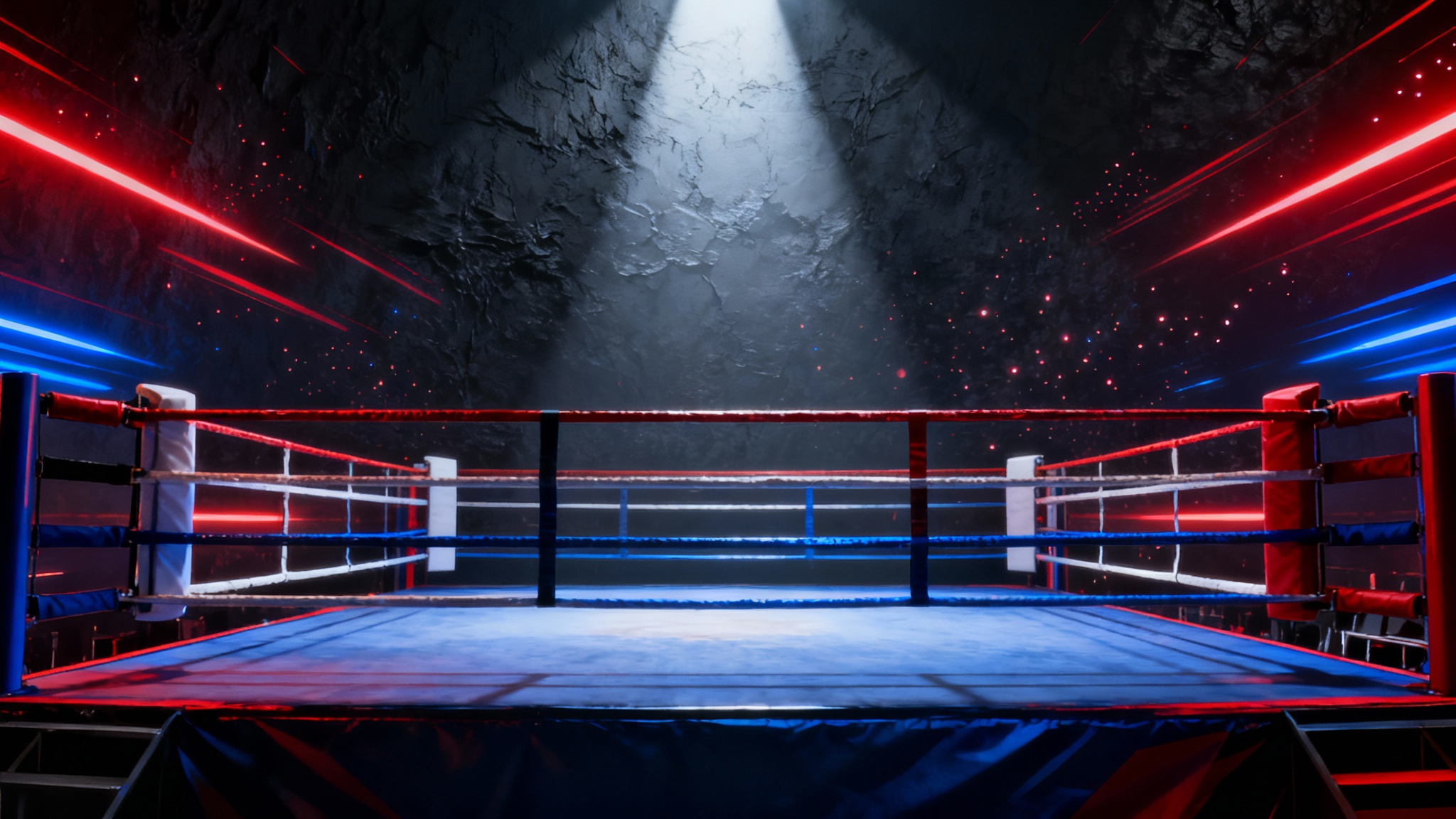 A dynamic, professional boxing promotion background in a 16:9 aspect ratio. An empty boxing ring is dramatically lit by spotlights against a dark background with energetic red and blue light streaks.