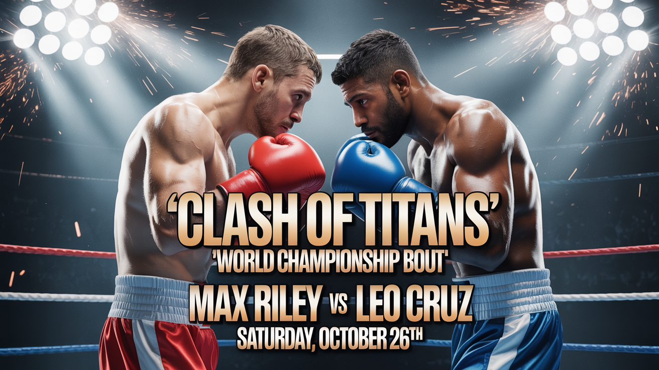 A dramatic boxing promotion graphic for an event titled 'Clash of the Titans,' featuring two boxers staring each other down in a spotlight, set against a white background.