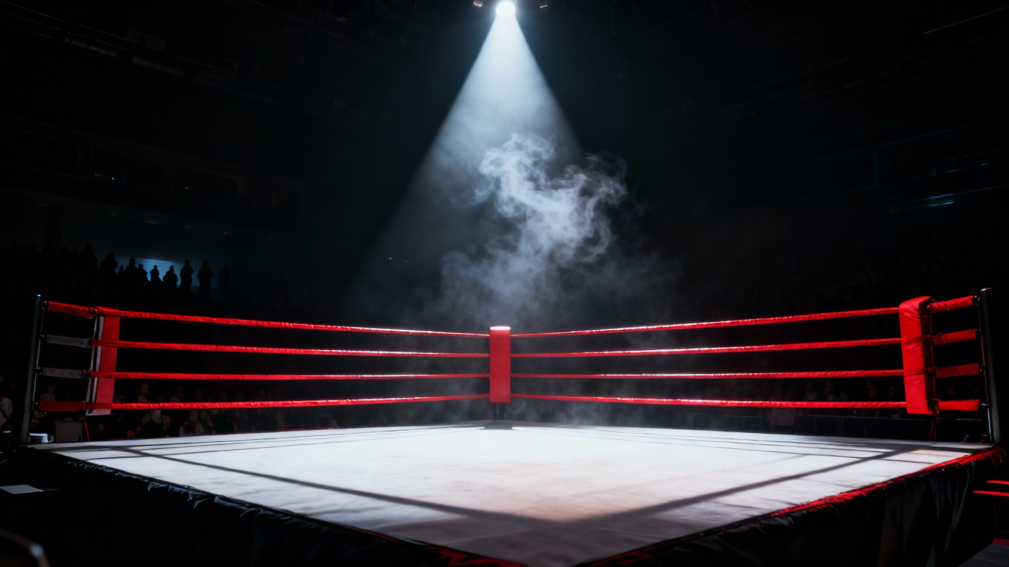 An empty boxing ring under bright spotlights in a dark arena, creating an intense and epic atmosphere suitable for a boxing promotion background.