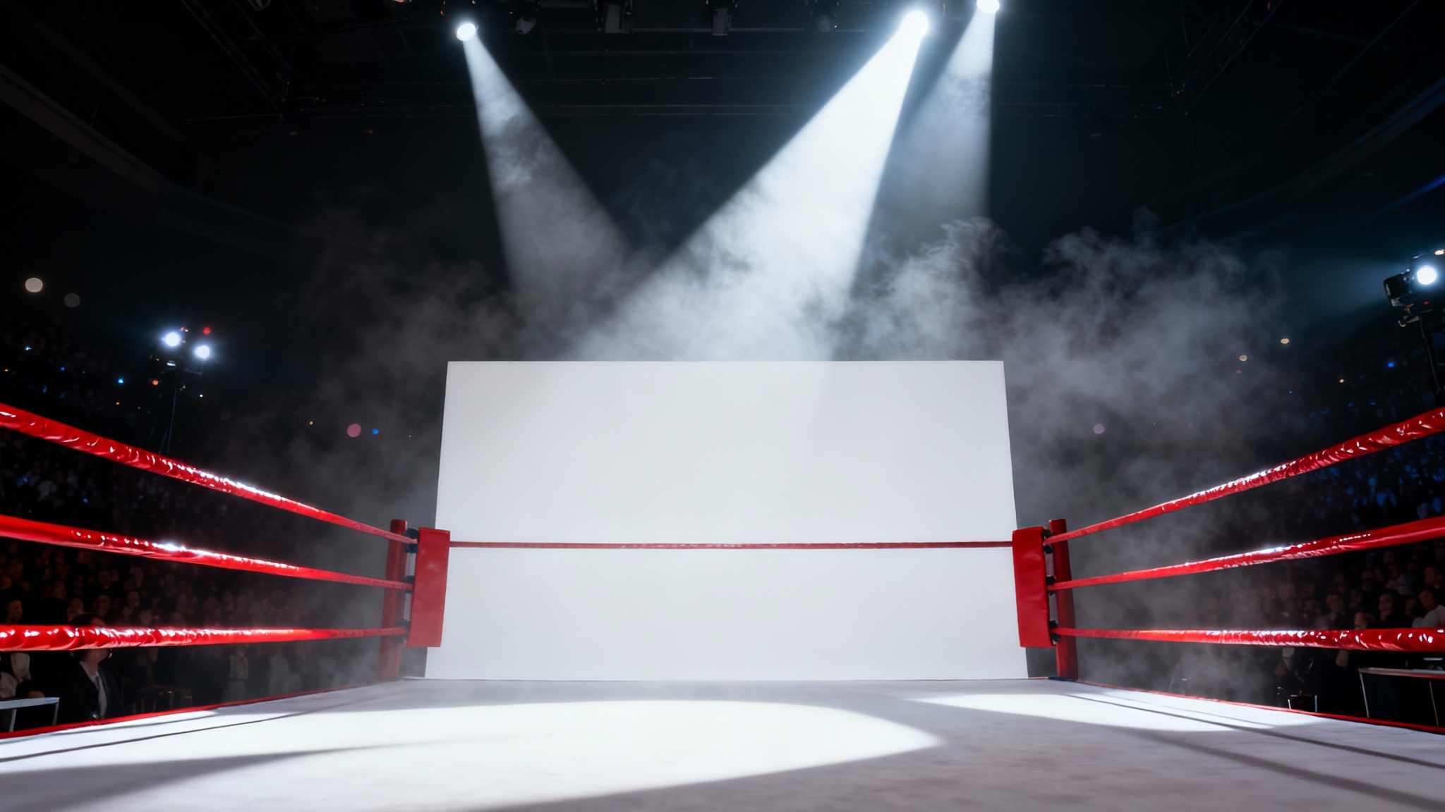 An empty boxing ring under dramatic spotlights before a major fight, with a hazy atmosphere and a blurred arena crowd in the background.