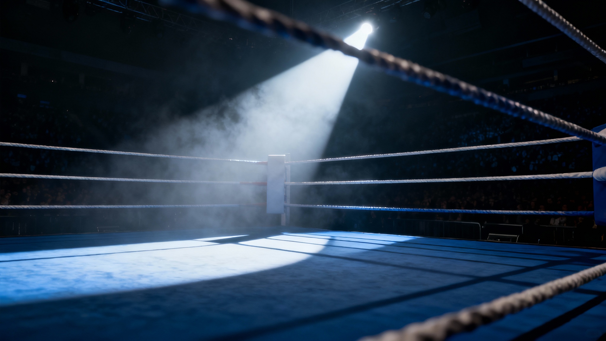 A dramatic, dimly lit view of an empty boxing ring, illuminated by bright overhead spotlights, creating an epic and anticipatory atmosphere for a promotional event.
