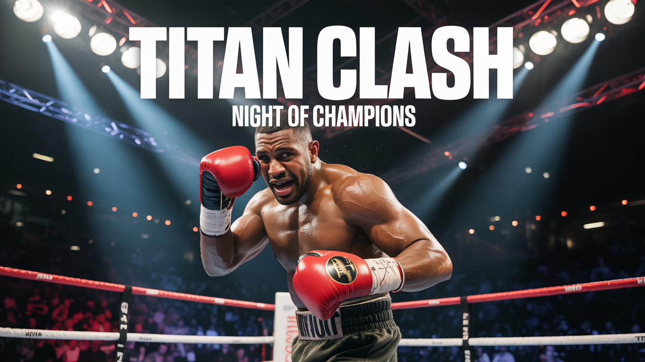 A dramatic, cinematic image of a boxer in a ring, lit by spotlights. The promo text 'TITAN CLASH' and 'NIGHT OF CHAMPIONS' is at the top.
