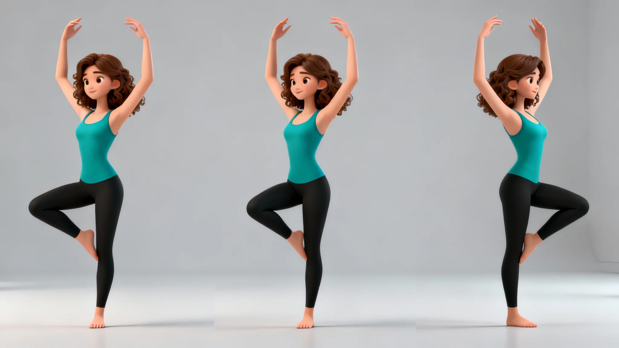 A 3D character model of a woman in a dynamic pose, shown from three different angles against a clean studio background, serving as a pose reference for artists.