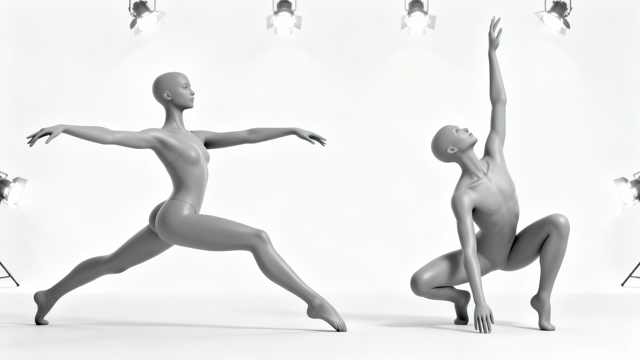 A collection of four grey, gender-neutral digital mannequins, each in a different dynamic pose for artistic reference, displayed on a clean white background.