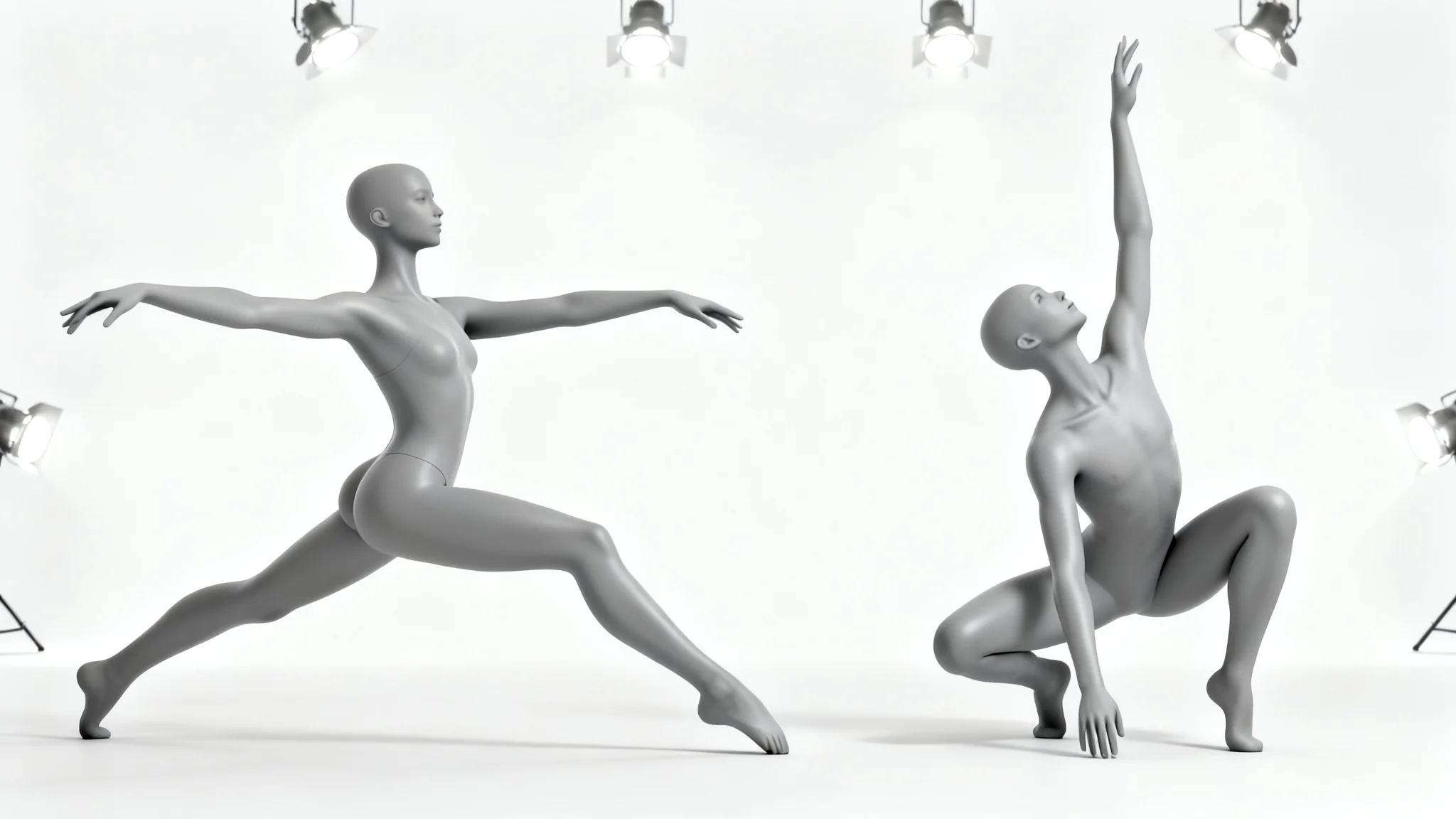A collection of four grey, gender-neutral digital mannequins, each in a different dynamic pose for artistic reference, displayed on a clean white background.