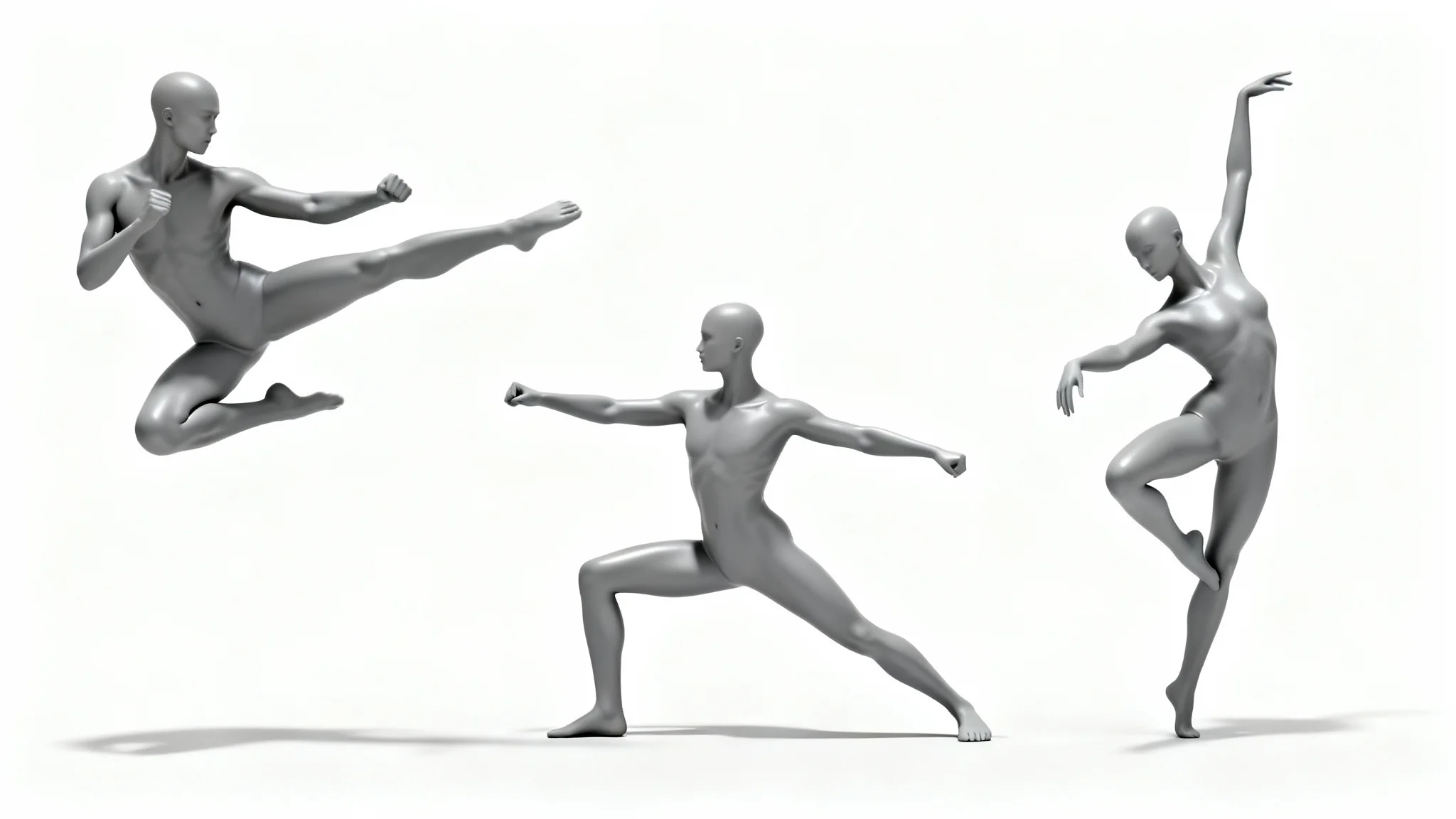 Three gray, featureless anatomical figures in dynamic martial arts, lunge, and dance poses on a white background, illustrating a tool for artist pose references.