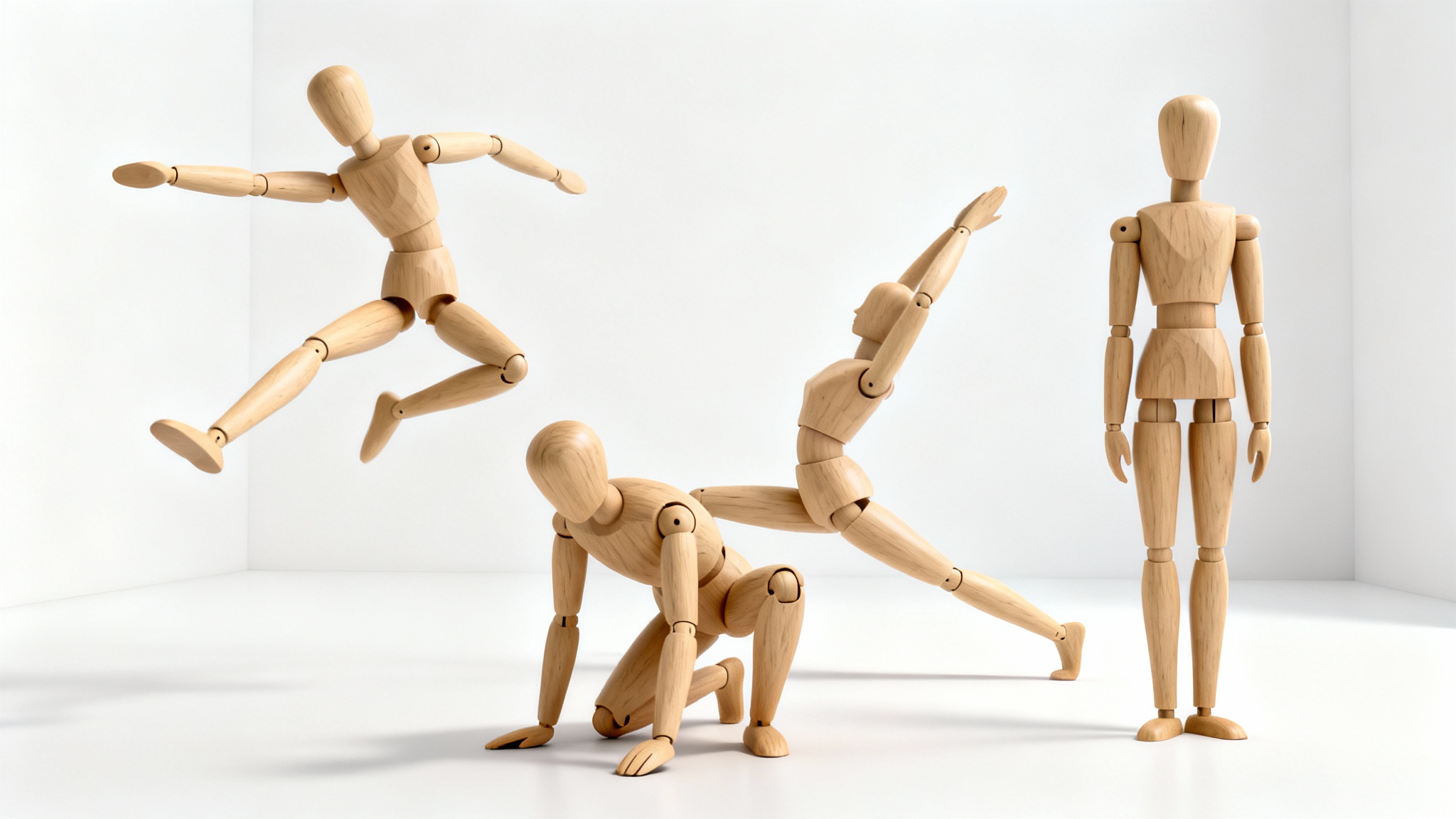 A collection of wooden, posable artist mannequins in various dynamic poses, such as leaping and crouching, displayed against a clean white background.