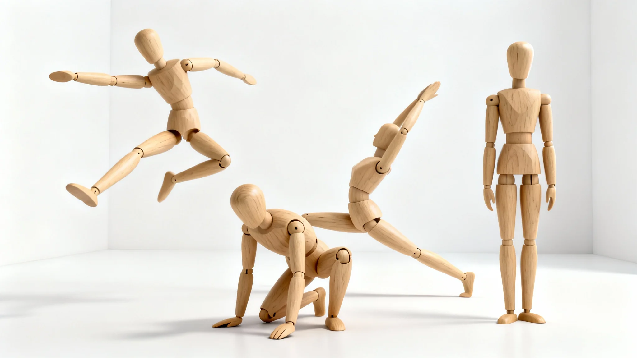 A collection of wooden, posable artist mannequins in various dynamic poses, such as leaping and crouching, displayed against a clean white background.