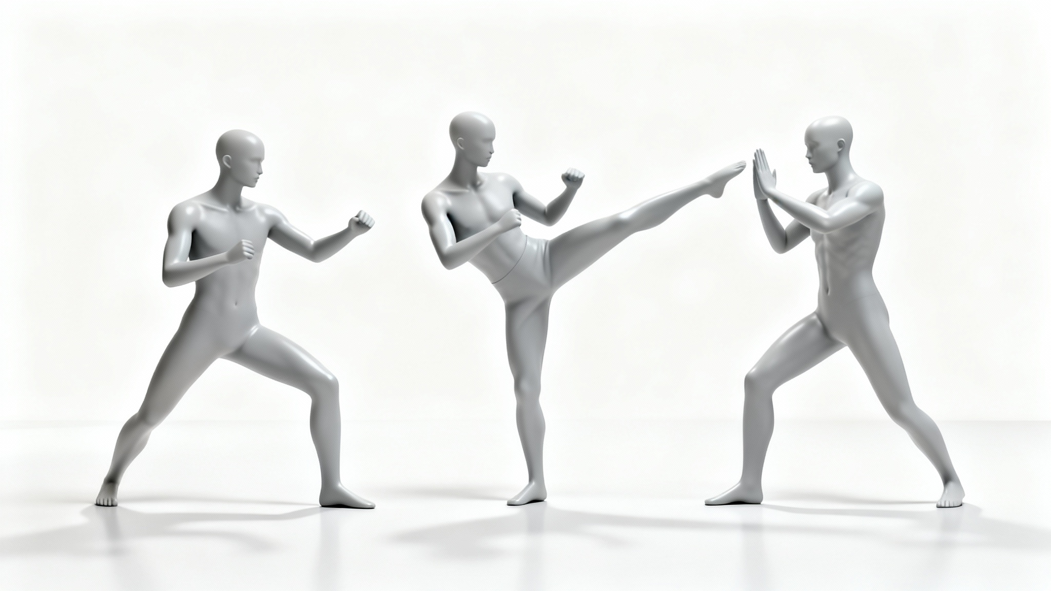 A clean 3D render of three featureless grey mannequins in different martial arts poses against a white background, serving as a pose reference for artists.
