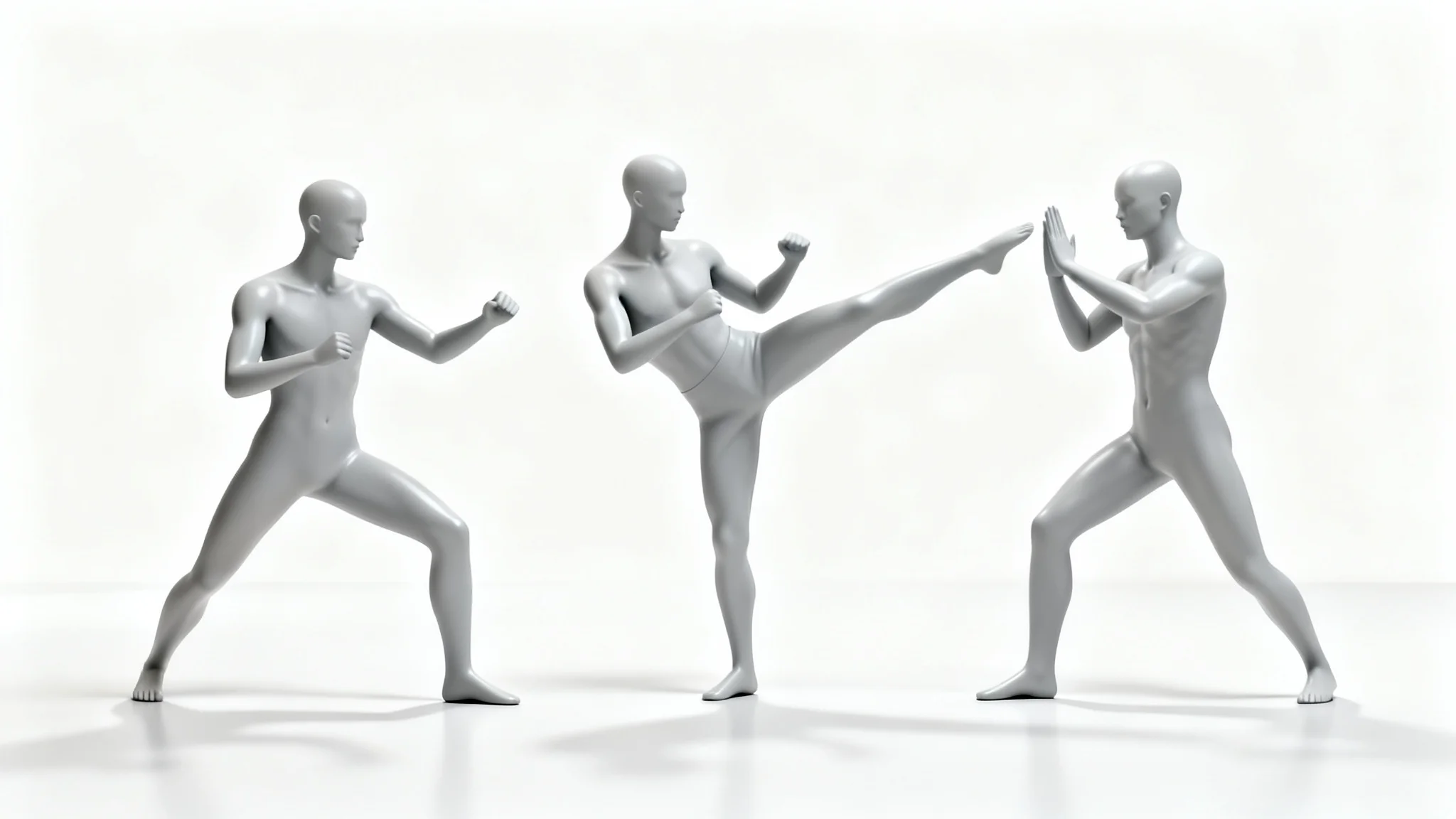 A clean 3D render of three featureless grey mannequins in different martial arts poses against a white background, serving as a pose reference for artists.