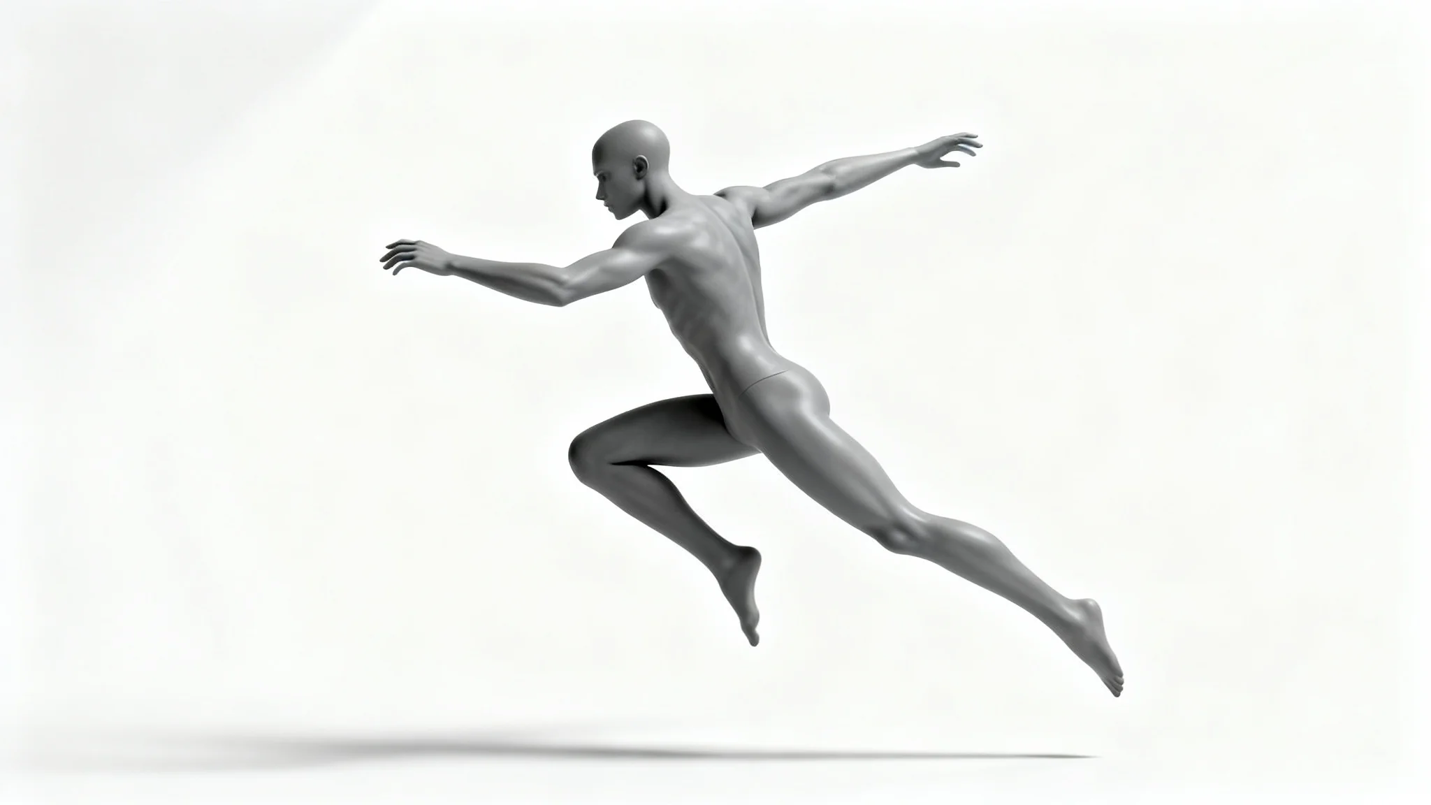 A 3D rendered, androgynous figure in a dynamic leaping pose, designed as an artist's pose reference, set against a clean white background.
