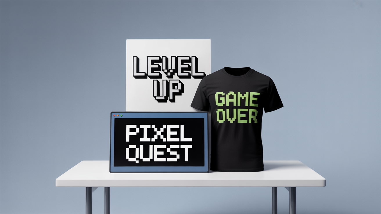 A professionally designed collage showcasing various uses for pixel fonts. The image includes a video game title screen for 'PIXEL QUEST', a t-shirt with 'GAME OVER', and a poster with 'LEVEL UP', all featuring different styles of pixel art typography.