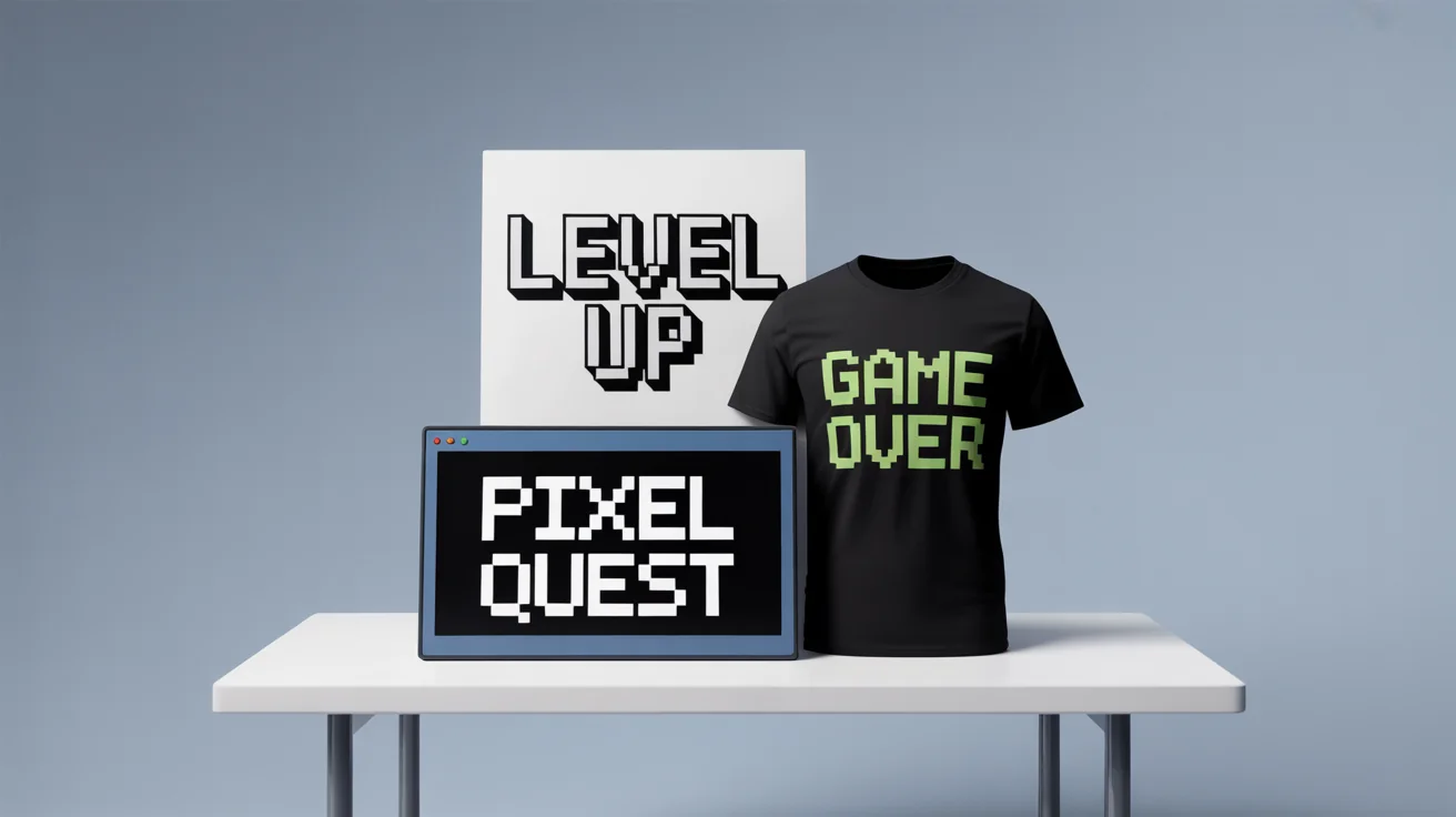 A professionally designed collage showcasing various uses for pixel fonts. The image includes a video game title screen for 'PIXEL QUEST', a t-shirt with 'GAME OVER', and a poster with 'LEVEL UP', all featuring different styles of pixel art typography.