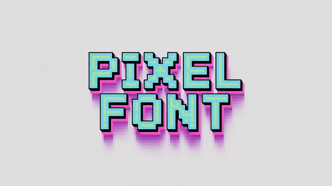 The words 'PIXEL FONT' rendered in a colorful, retro 8-bit style with visible square pixels, set against a plain white background.