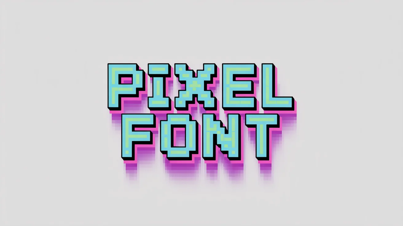 The words 'PIXEL FONT' rendered in a colorful, retro 8-bit style with visible square pixels, set against a plain white background.