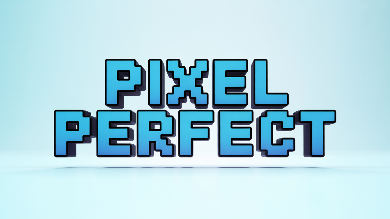 The words 'PIXEL PERFECT' are displayed in a bold, glowing blue pixelated font, reminiscent of classic 8-bit video games, set against a stark white background.