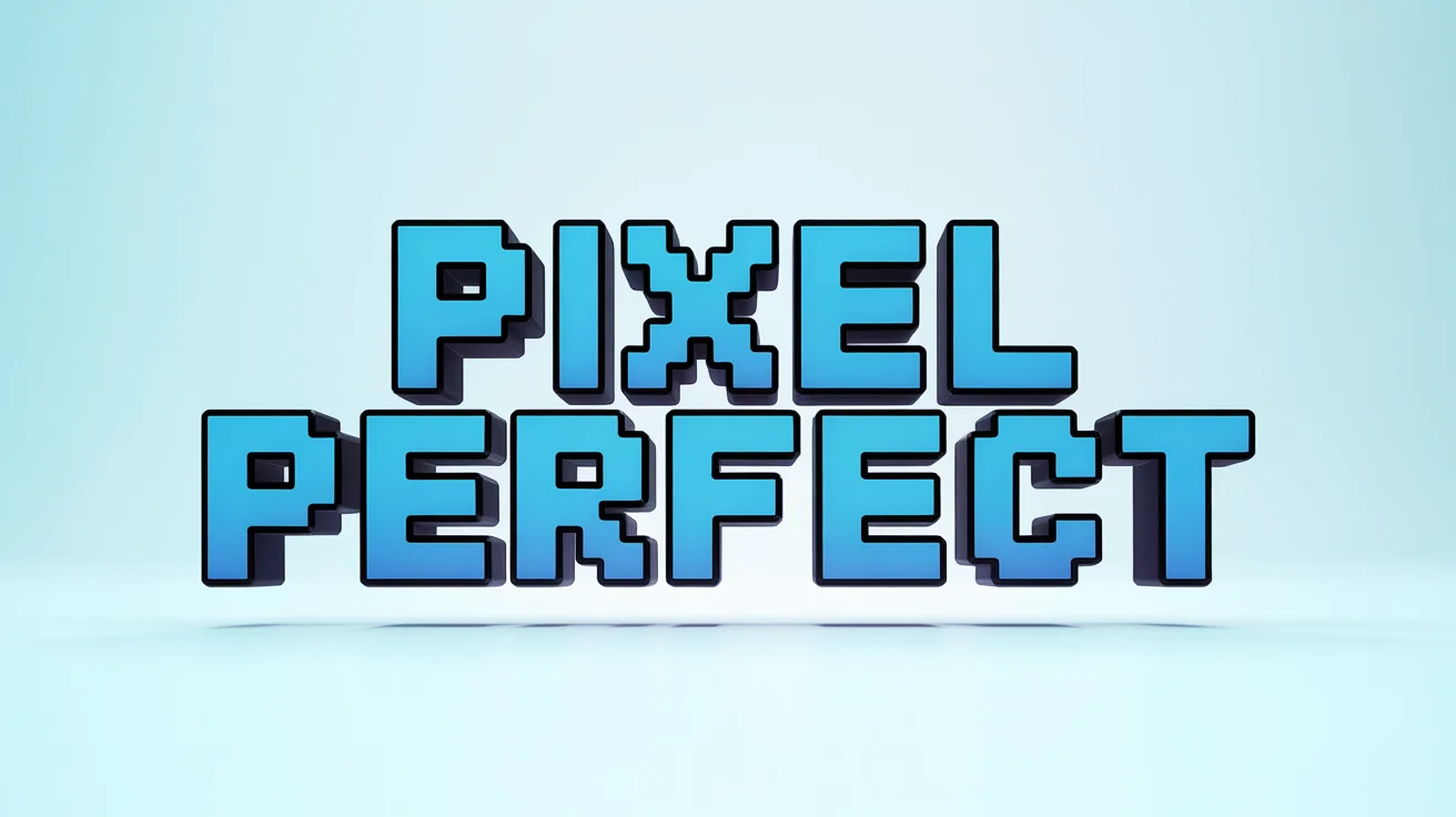 The words 'PIXEL PERFECT' are displayed in a bold, glowing blue pixelated font, reminiscent of classic 8-bit video games, set against a stark white background.