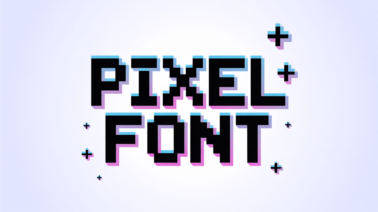 A graphic design on a white background featuring the words 'PIXEL FONT' written in a large, colorful, retro 8-bit style font, with small pixelated sparkles around it.