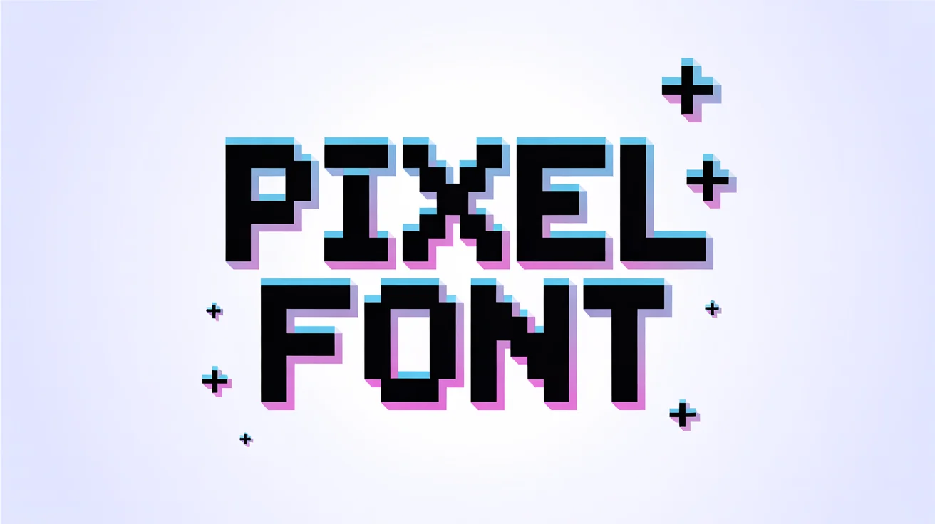 A graphic design on a white background featuring the words 'PIXEL FONT' written in a large, colorful, retro 8-bit style font, with small pixelated sparkles around it.