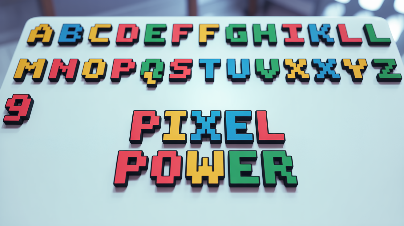 A vibrant pixel font displayed in a grid, featuring the alphabet and numbers, with the words 'PIXEL POWER' below it, all on a clean white background.