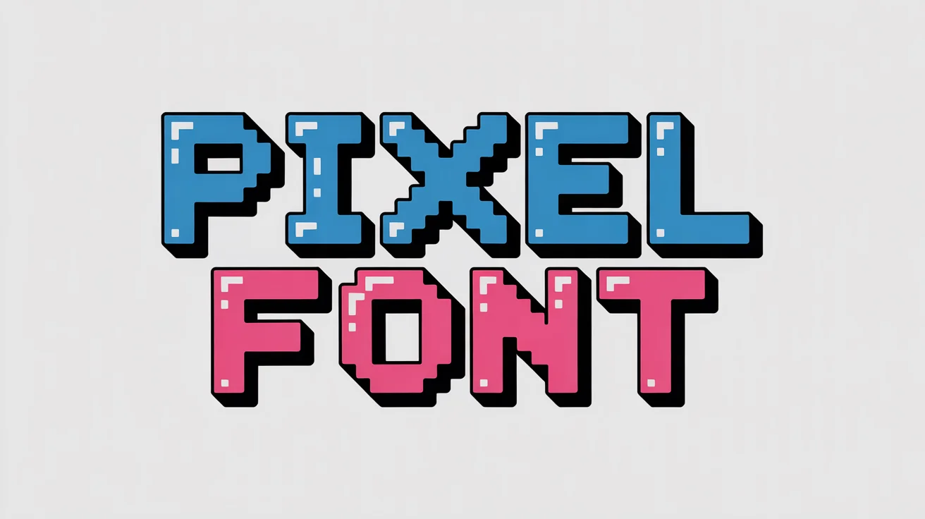 The words 'PIXEL FONT' rendered in a colorful, blocky, 8-bit video game style font, set against a plain white background.