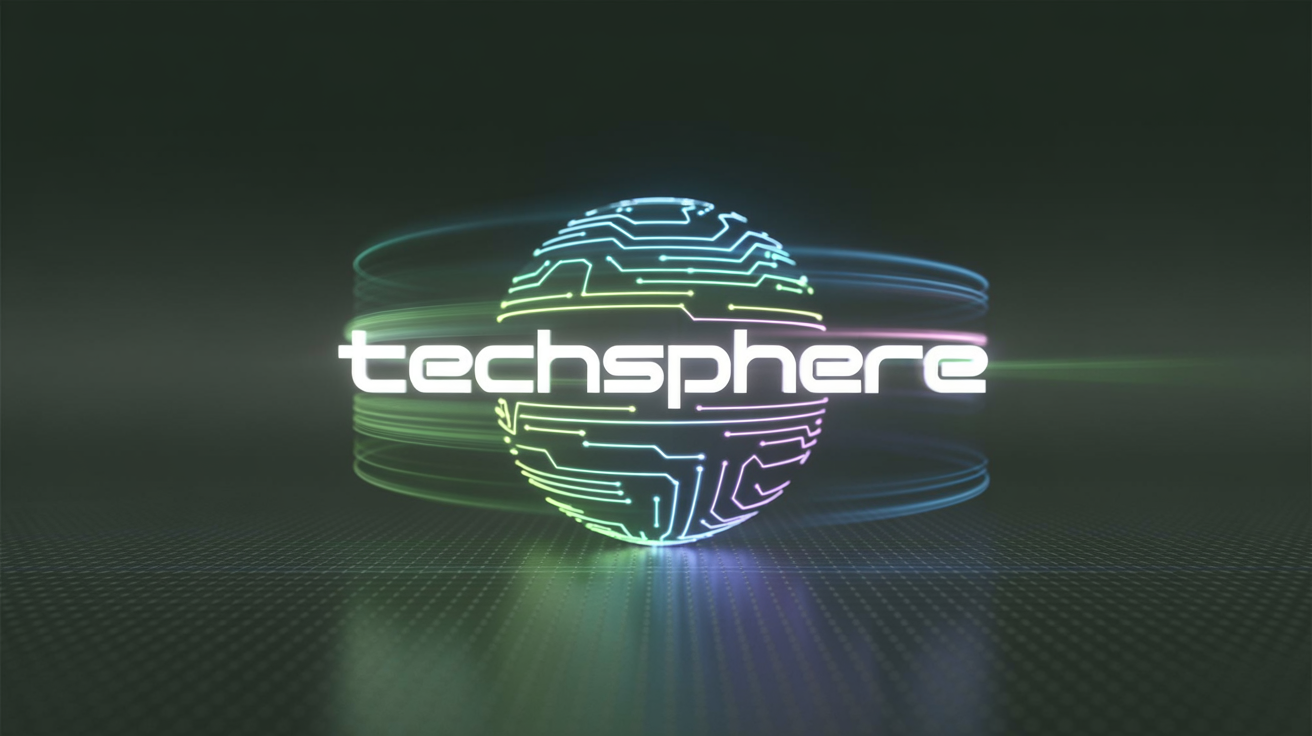 A dynamic, animated-style logo for 'TechSphere' featuring a glowing blue and green circuit sphere with light trails and particle effects, set against a dark, high-tech background.
