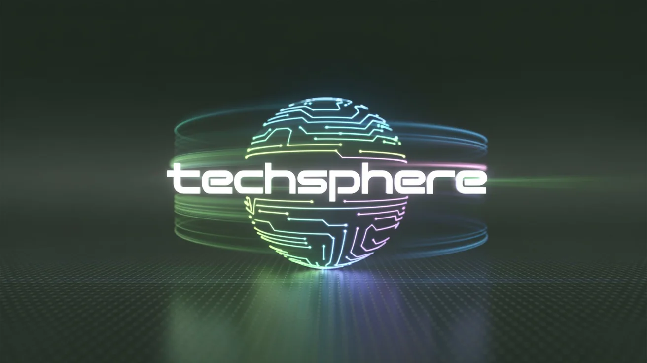 A dynamic, animated-style logo for 'TechSphere' featuring a glowing blue and green circuit sphere with light trails and particle effects, set against a dark, high-tech background.