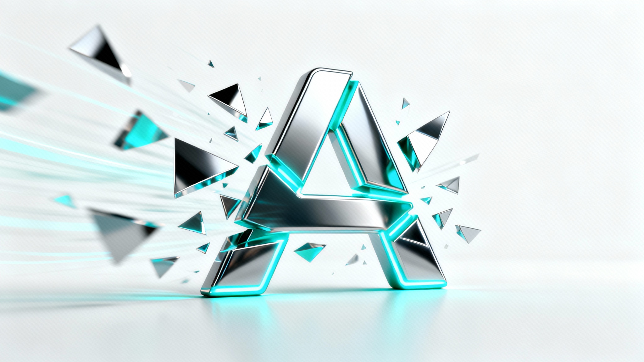 An abstract, metallic tech logo with glowing cyan elements captured mid-animation, with its pieces flying apart against a clean white background.
