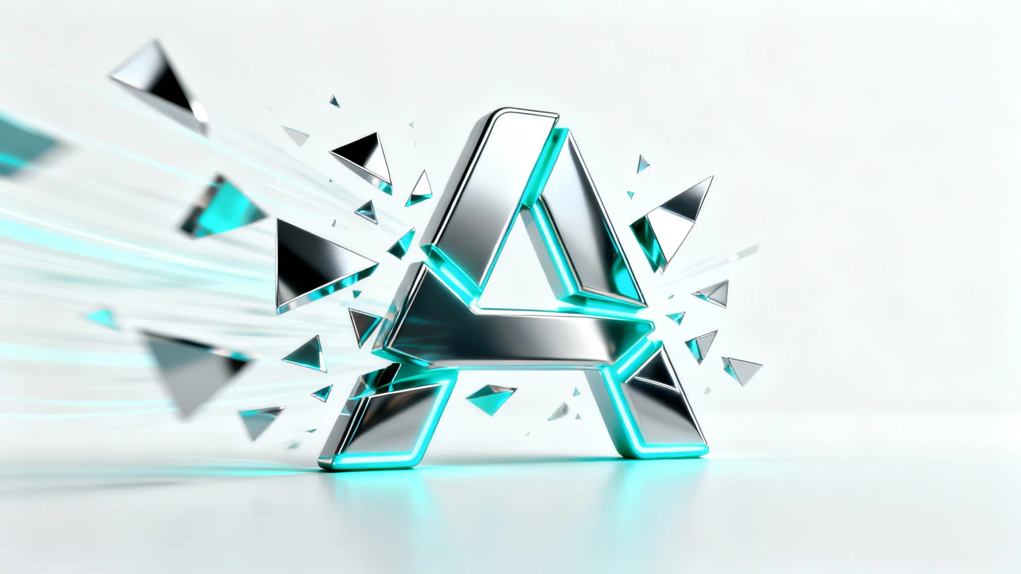 An abstract, metallic tech logo with glowing cyan elements captured mid-animation, with its pieces flying apart against a clean white background.