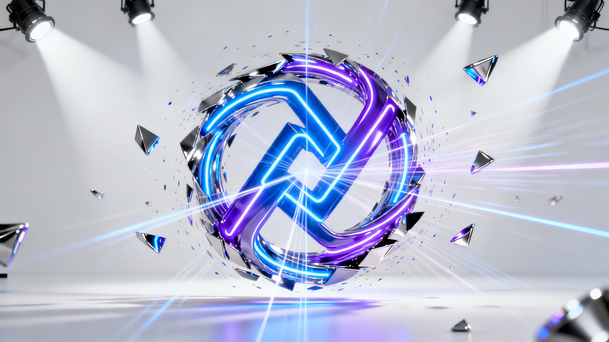 A futuristic tech logo captured in mid-animation, with glowing blue and purple geometric pieces flying together against a clean white background, conveying motion and energy.