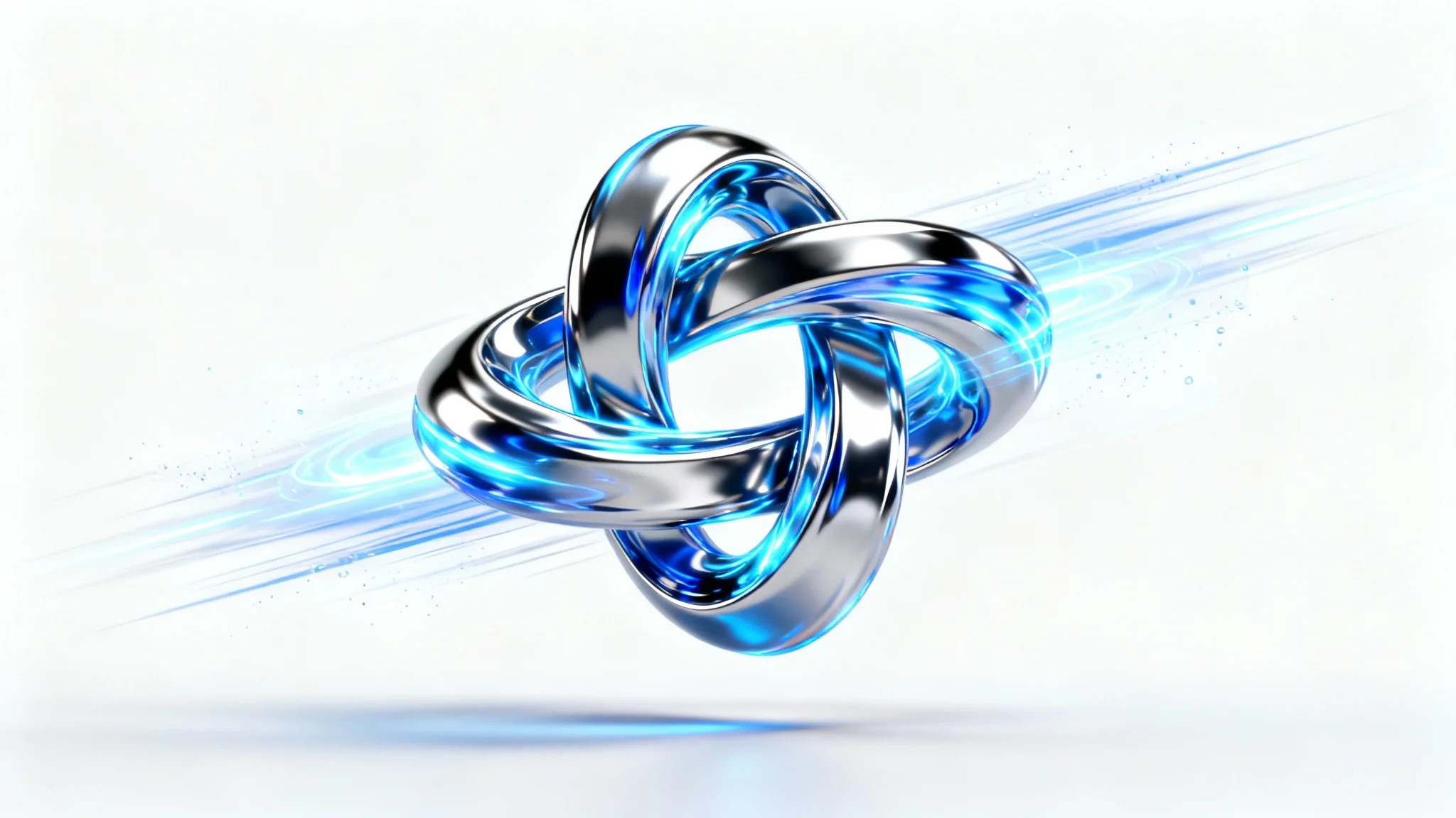 A dynamic 3D rendering of a futuristic tech logo frozen mid-animation, showing swirling ribbons of metal and blue energy with light trails, set against a plain white background.