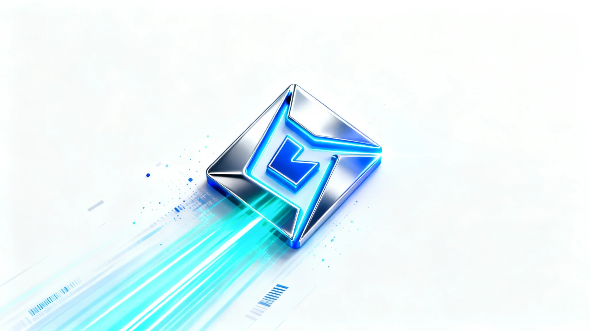 A futuristic metallic logo captured mid-animation, with trails of blue and cyan light and digital particles exploding from it against a clean white background, illustrating a tech logo animation service.