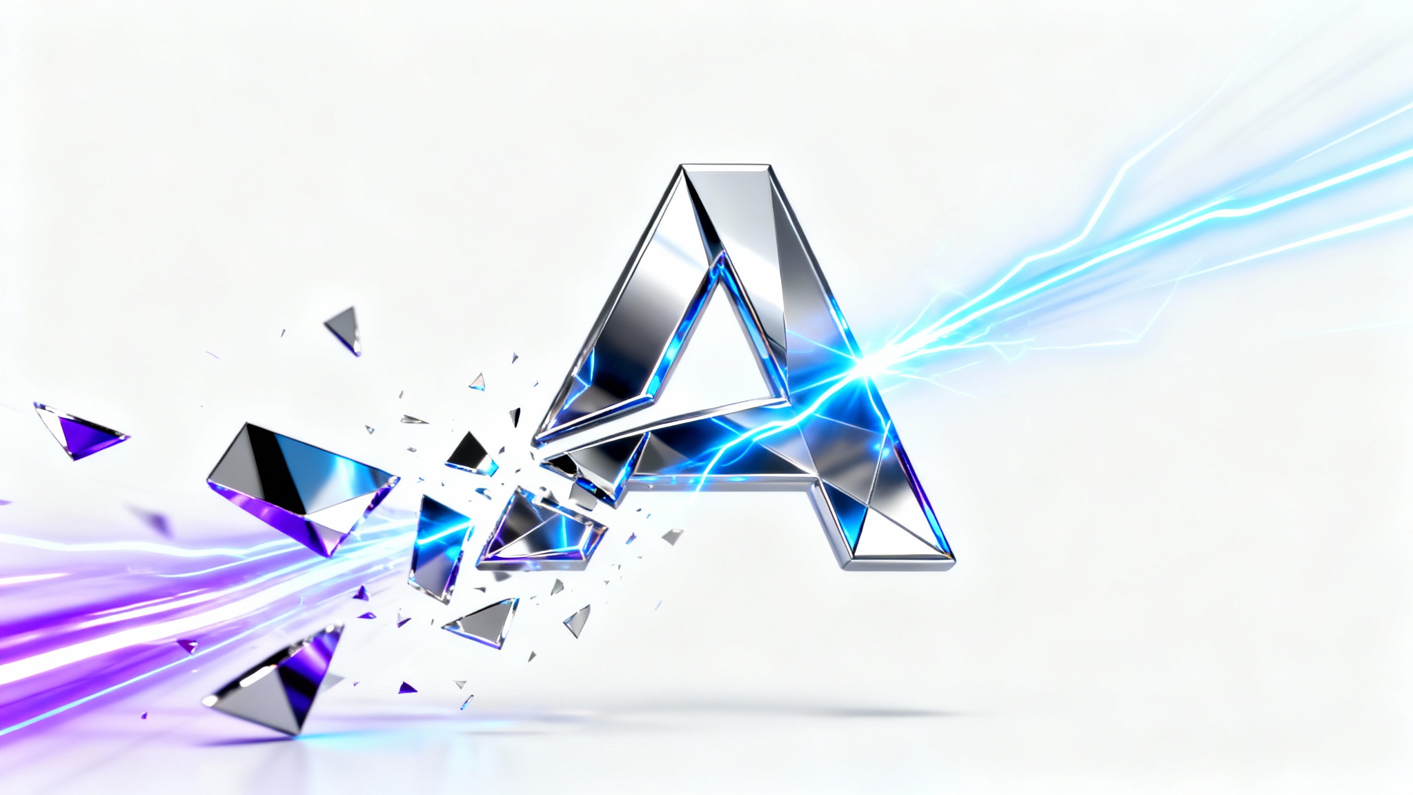 An abstract, metallic tech logo shown in the middle of a dynamic animation, with its parts separating and emitting blue and purple light trails against a white background.
