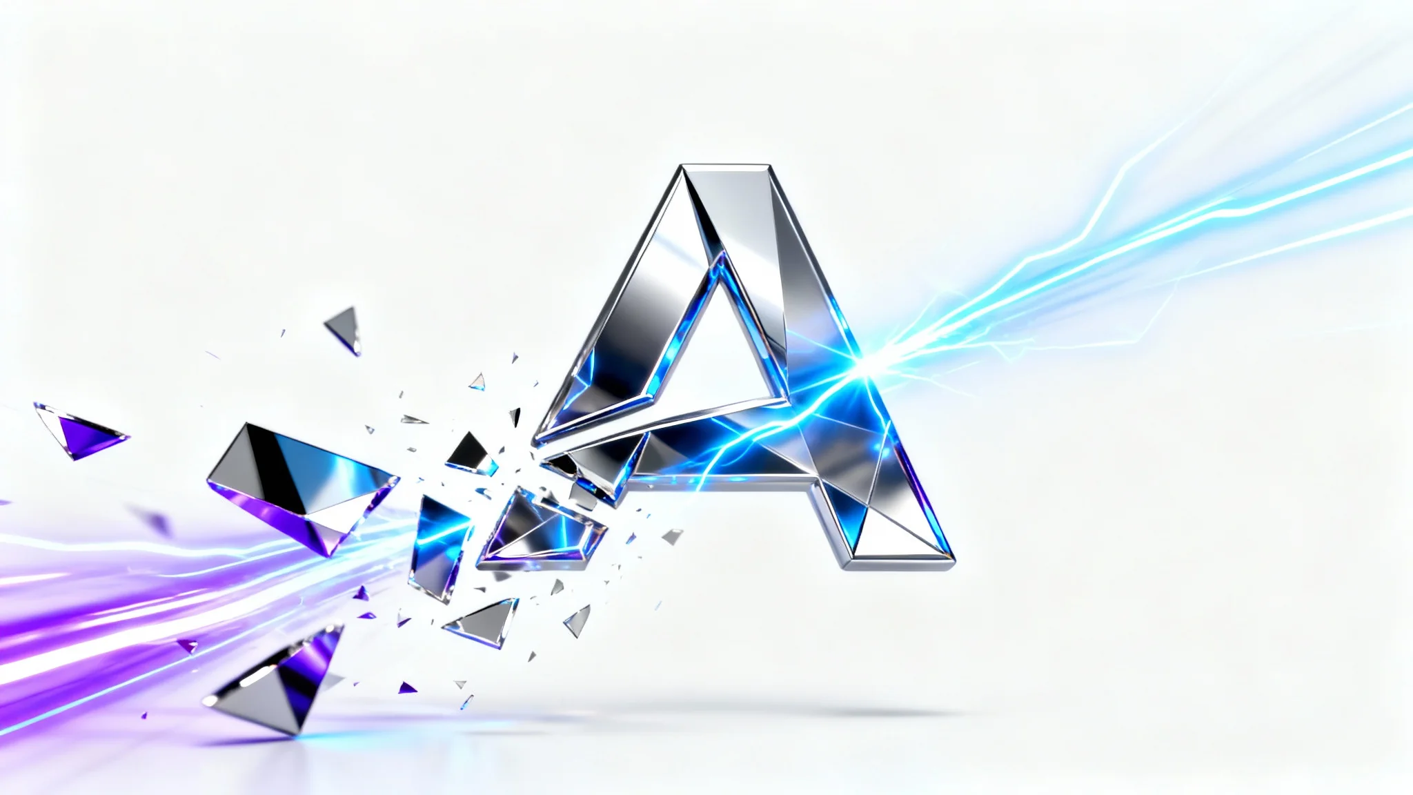 An abstract, metallic tech logo shown in the middle of a dynamic animation, with its parts separating and emitting blue and purple light trails against a white background.