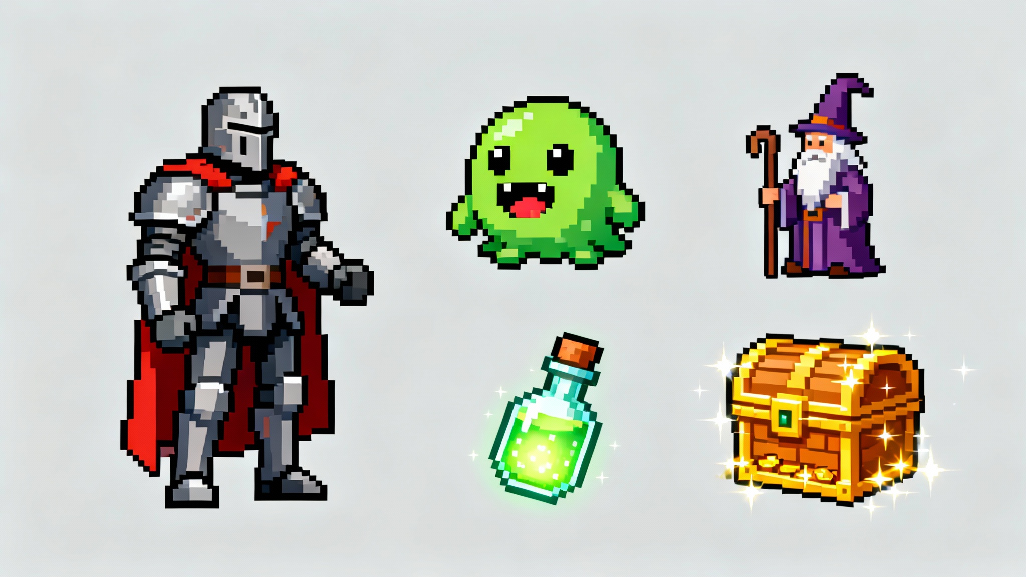 A showcase of finished, high-quality 16-bit pixel art sprites, including a knight, wizard, slime monster, and items like a potion and treasure chest, all arranged neatly on a light gray background.