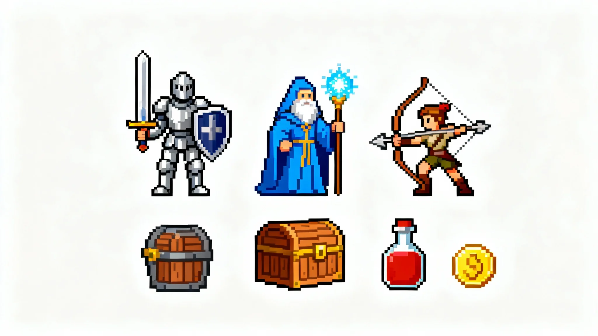 A collection of 16-bit style pixel art sprites for a fantasy RPG, featuring a knight, a mage, an archer, and various items, all displayed on a clean white background.