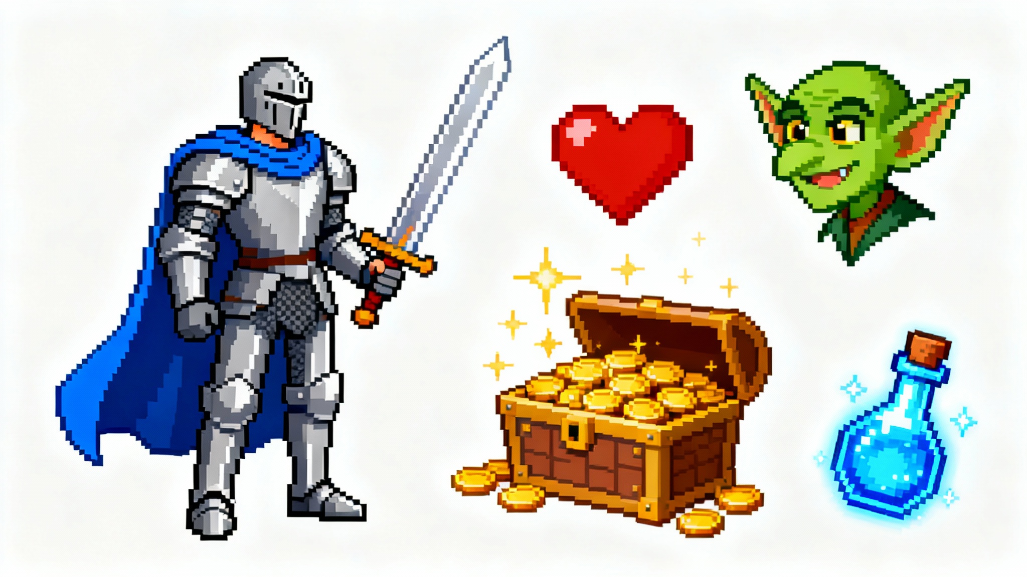 A collection of 16-bit pixel art sprites, featuring a knight, a goblin, a treasure chest, and other video game items, all set against a plain white background.