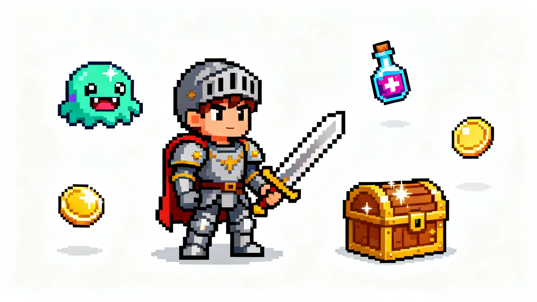 A collection of colorful 16-bit pixel art sprites, featuring a knight, a slime monster, and a treasure chest, displayed on a clean white background.