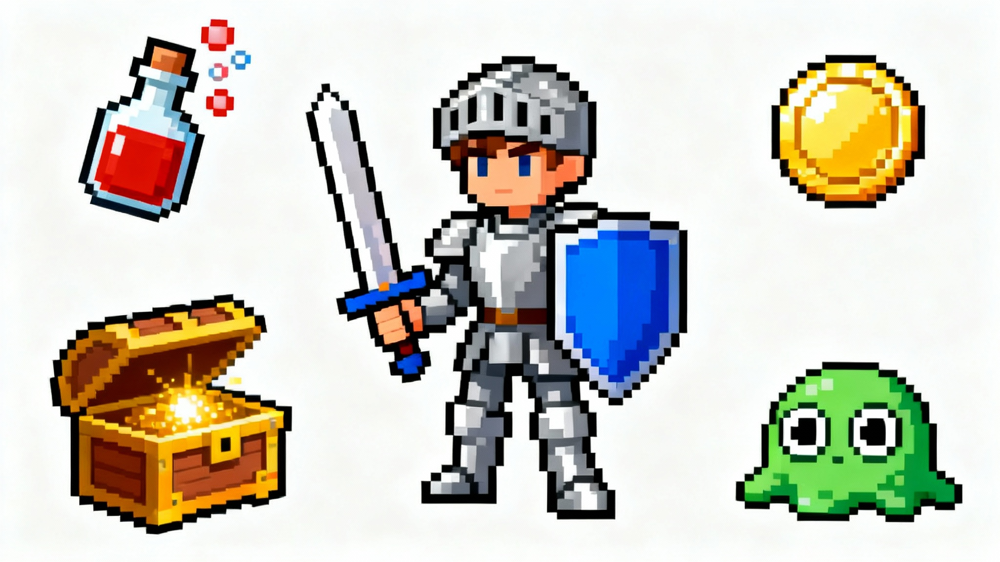 A collection of 16-bit video game pixel sprites, including a knight, a treasure chest, a potion, a coin, and a green slime monster, displayed neatly on a white background.