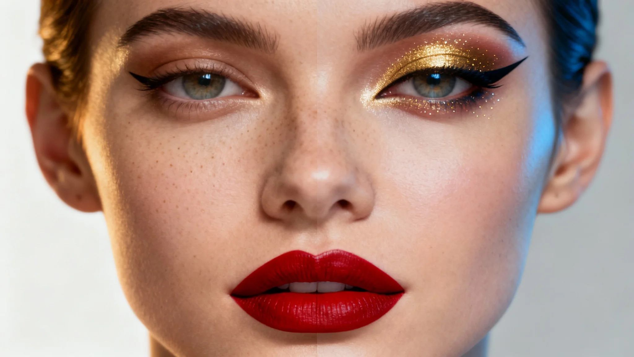A close-up of a woman's face, split in half to demonstrate a virtual makeup try-on. One side is bare-faced, and the other has perfectly applied lipstick, eyeliner, and eyeshadow.