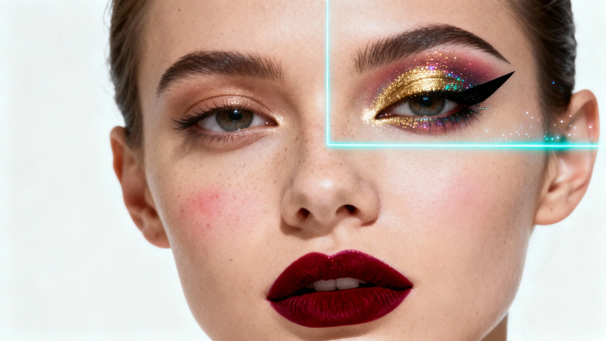 A close-up image of a woman's face split in two: the left side is natural and without makeup, while the right side showcases a perfect and vibrant virtual makeup application, demonstrating a before and after.