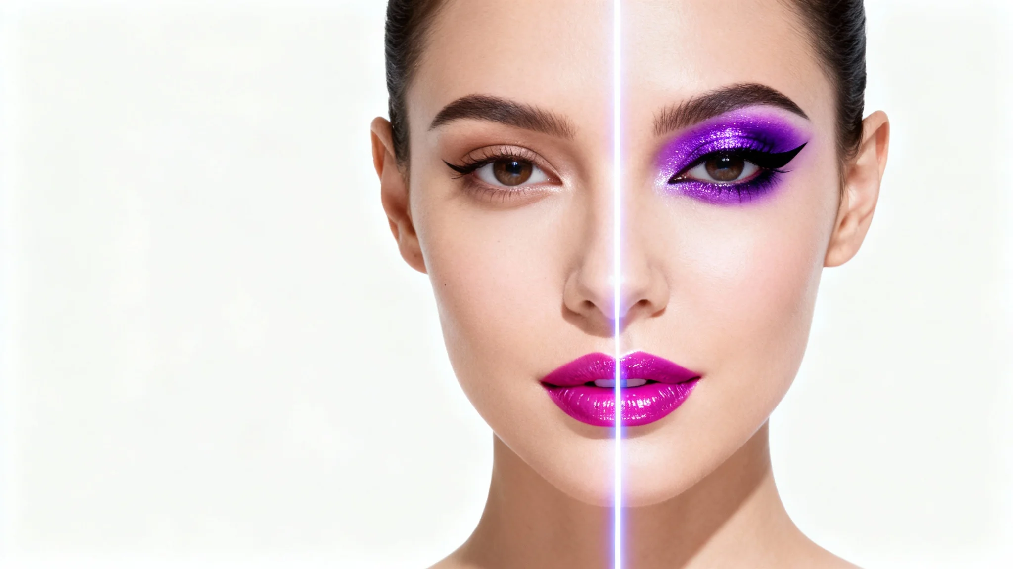 A photorealistic image of a woman's face, demonstrating a virtual makeup try-on. One half of her face is natural and makeup-free, while the other half has bold, digitally applied makeup.