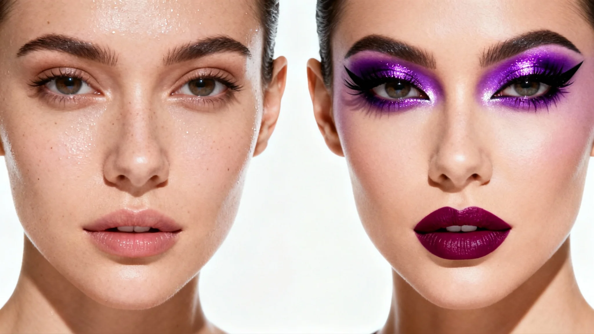 A close-up portrait of a woman's face, split in half to show a before and after. The left side is natural with no makeup, and the right side features perfectly applied virtual makeup with bold purple eyeshadow and berry lipstick.