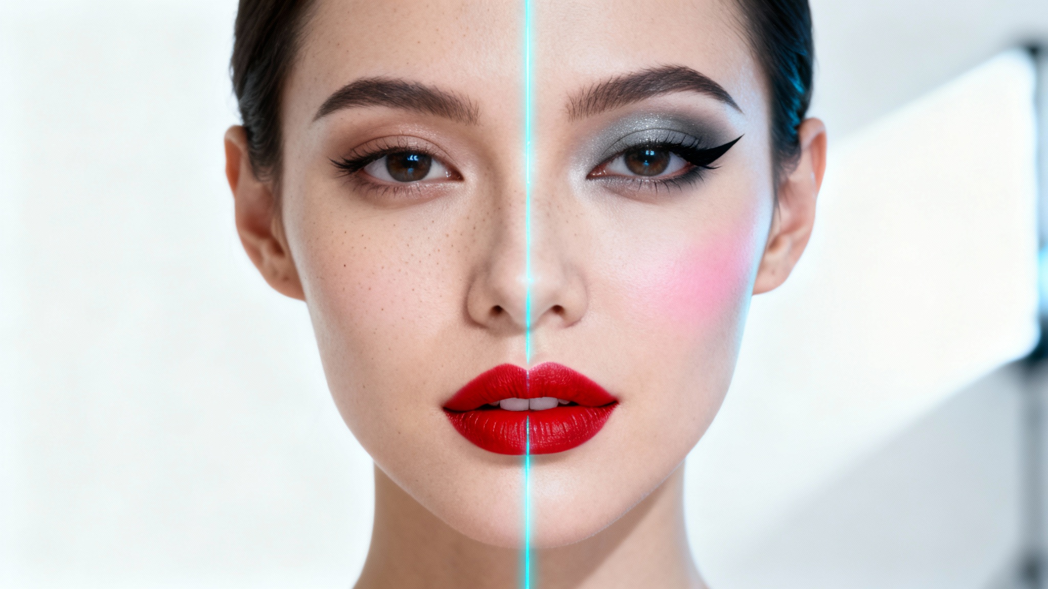 A close-up portrait of a woman's face, split in half to demonstrate a virtual makeup try-on. One side is makeup-free, while the other side shows a full application of virtual lipstick and eyeshadow.