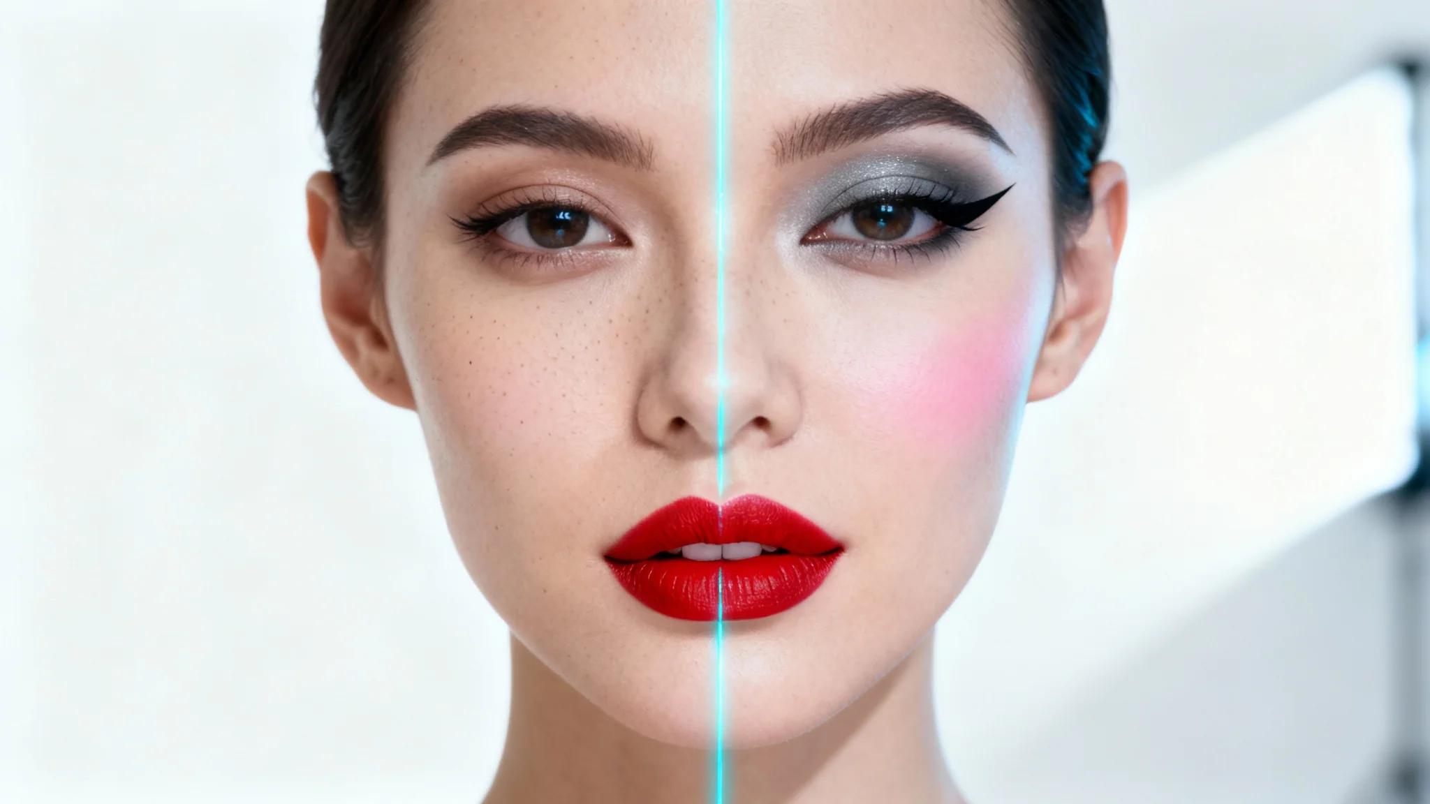 A close-up portrait of a woman's face, split in half to demonstrate a virtual makeup try-on. One side is makeup-free, while the other side shows a full application of virtual lipstick and eyeshadow.