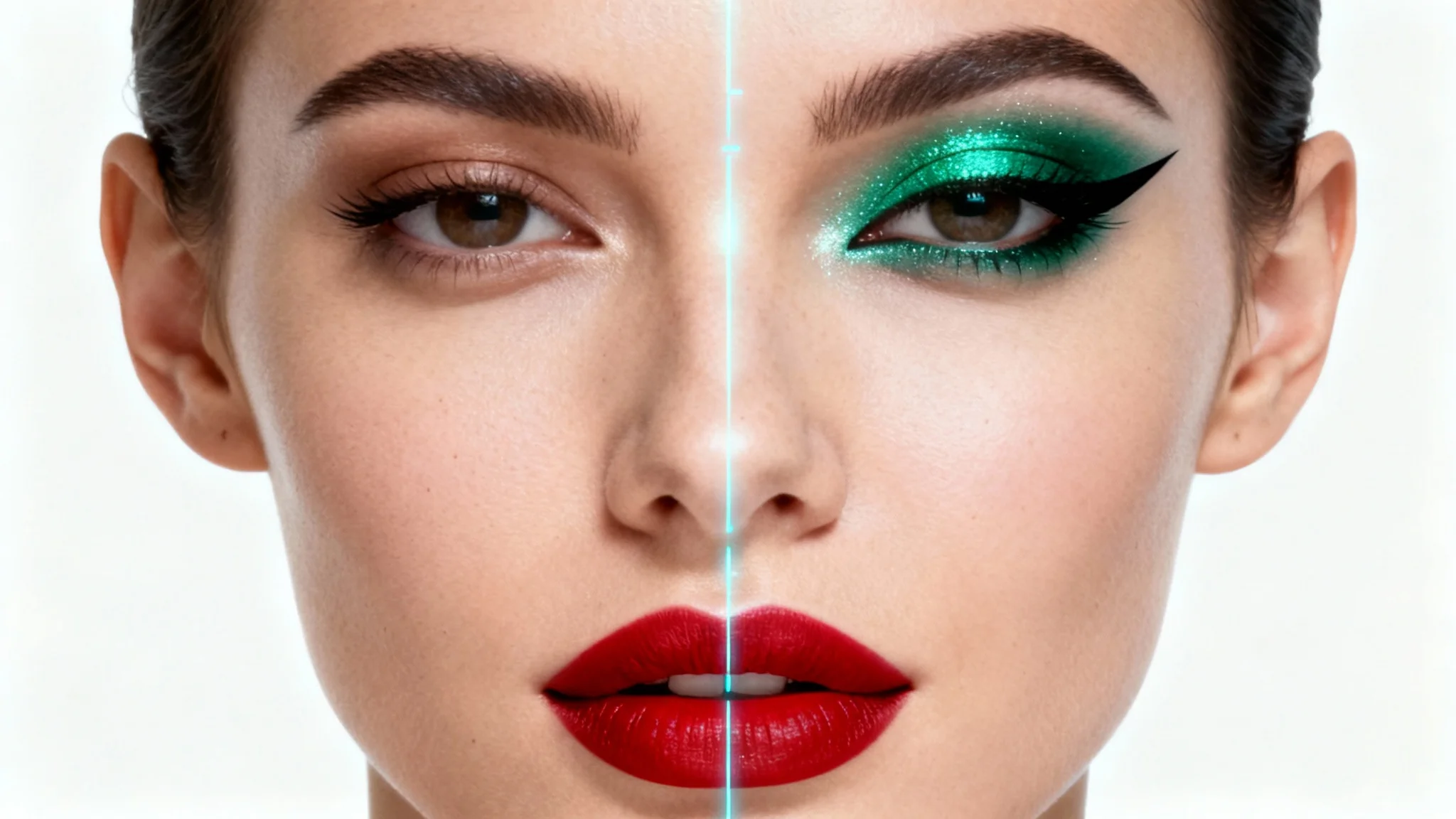 A close-up of a woman's face, split in half: one side is natural and without makeup, while the other side shows a perfect virtual application of bold lipstick and eyeshadow, illustrating a virtual makeup try-on.