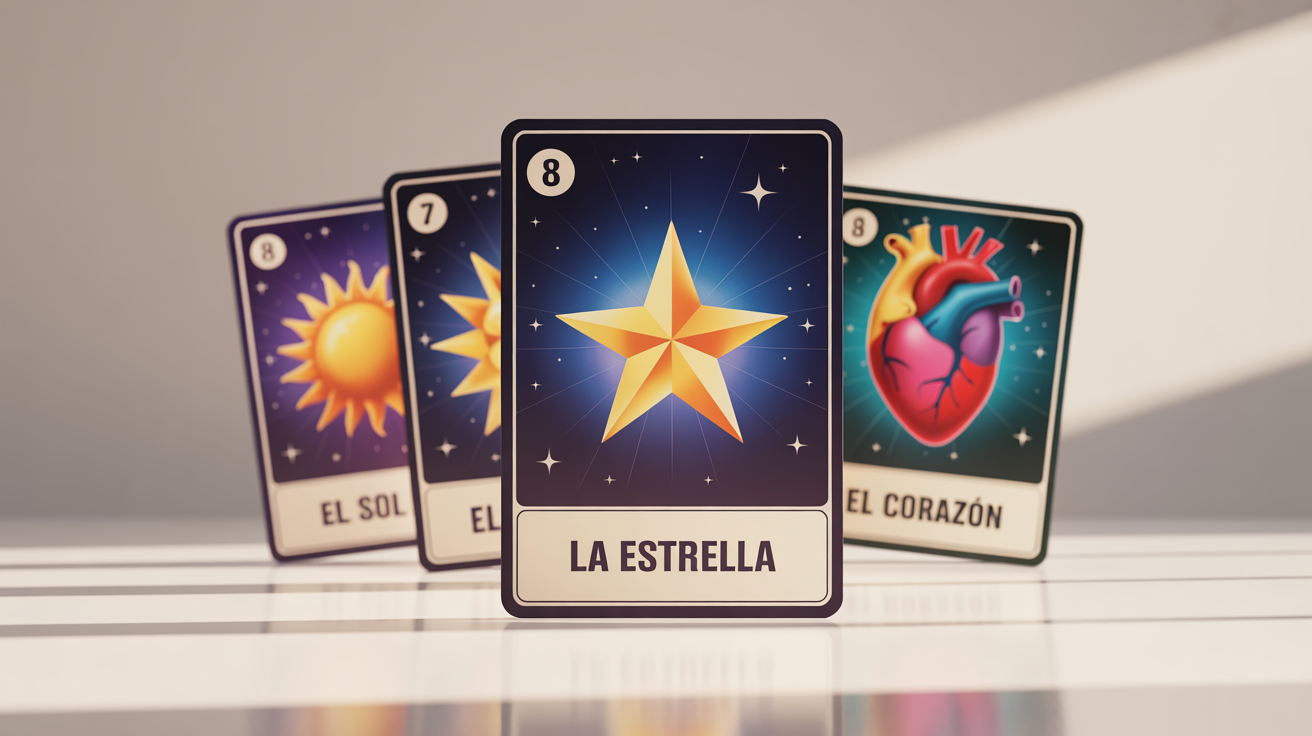 A collection of beautifully designed, modern Loteria cards on a white surface. The main card, 'LA ESTRELLA', is in focus, showing a golden star against a blue background with the number 8 and the title clearly visible.