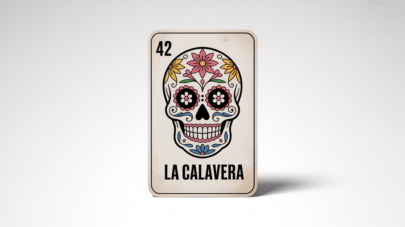 A vintage-style Mexican Loteria card featuring 'La Calavera,' a decorated sugar skull, shown on a white background.