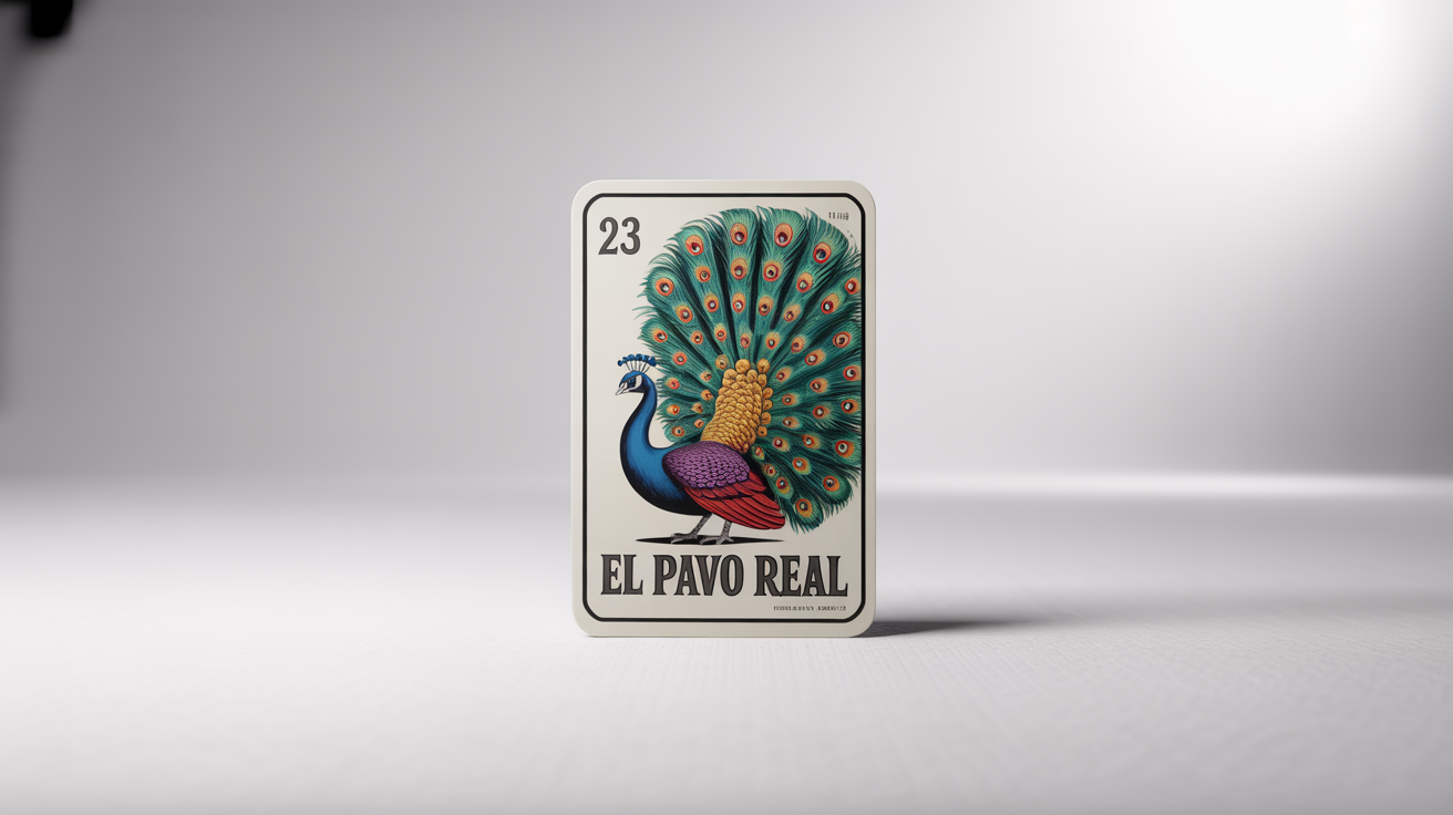 A mockup of a traditional Mexican Loteria card against a white background. The card is titled 'EL PAVO REAL', is number 23, and features a colorful folk-art style illustration of a peacock.